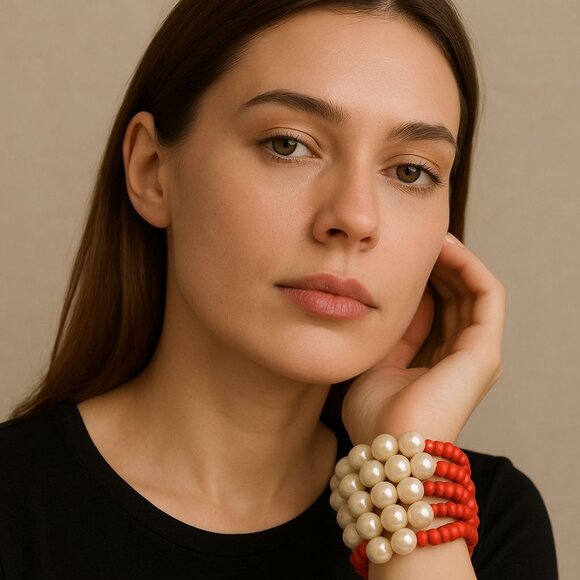 Chunky Pearl Beaded Bracelet Red White Statement Stretch Boho Layered Y2K - Picture 2 of 10